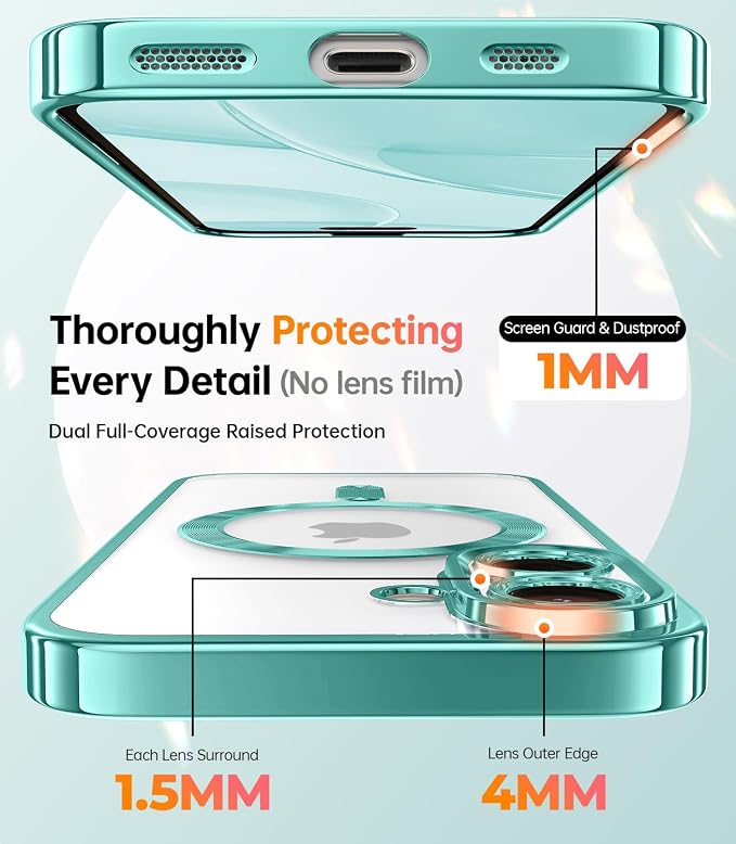 Meifigno Magnetic Case with Removable Phone Ring Stand for iPhone 16 6.1", [Glitter Card & Wrist Strap] [MagSafe Compatible] [Built in Mirror] Magnetic Phone Ring Holder + 16 Case Kit, Teal