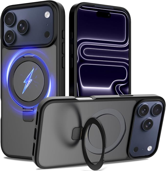 Ultra-Magnetic Stand for iPhone 17 Pro Max Case [Military Drop Protection] [Compatible with MagSafe] Shockproof Translucent Matte Slim Ring Holder Case for iPhone 17 Pro Max (Black)