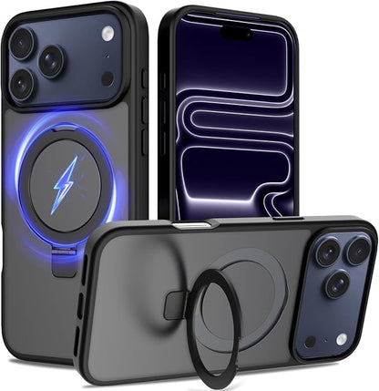 Ultra-Magnetic Stand for iPhone 17 Pro Case [Military Drop Protection] [Compatible with MagSafe] Shockproof Translucent Matte Slim Ring Holder Case for iPhone 17 Pro (Black)