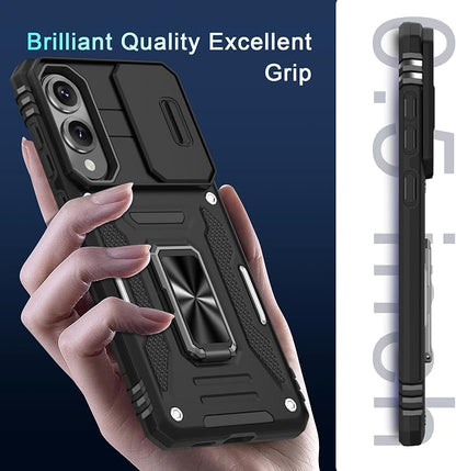 DEERLAMN Case for Samsung Galaxy S25 Edge with Slide Camera Cover+Screen Protector (1 Pack), Rotated Ring Kickstand Military Grade Shockproof Protective Cover-Black