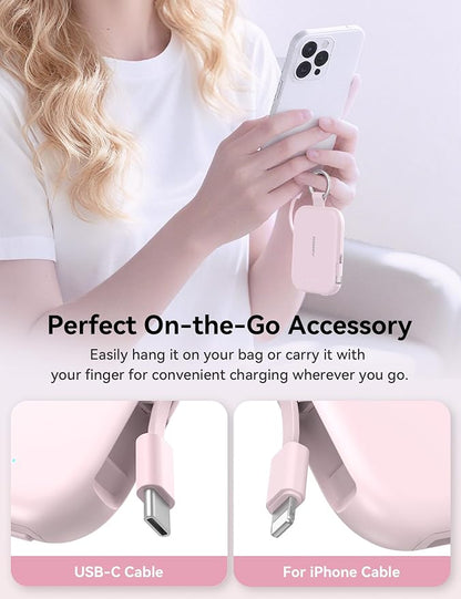 RORRY CharmGo Portable Charger, 5000mAh Portable Charger Power Bank with Built-in Cables, Travel Keychain Charger Battery Pack for iPhone 17/16/15/14/13/12, for AirPods 2/3/4/Pro, Pink