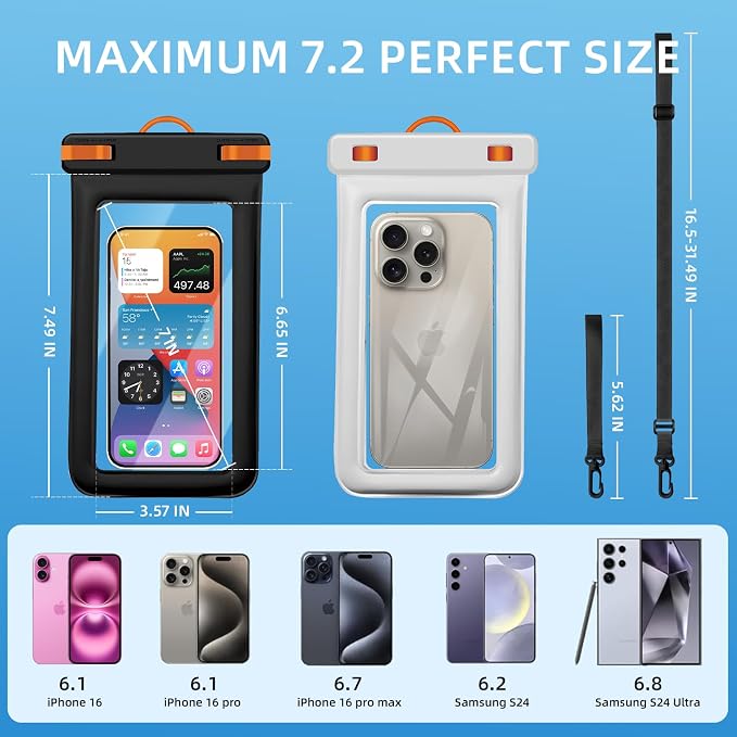 IPX8 Floating Waterproof Dry Bag 2-Pack ,7.2 Inch Waterproof Phone Pouch for iPhone 16/15/14 Pro Max Galaxy S24/S23 Adjustable Lanyard + wrist strap Beach Swimming Travel Essentials