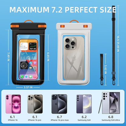 IPX8 Floating Waterproof Dry Bag 2-Pack ,7.2 Inch Waterproof Phone Pouch for iPhone 16/15/14 Pro Max Galaxy S24/S23 Adjustable Lanyard + wrist strap Beach Swimming Travel Essentials
