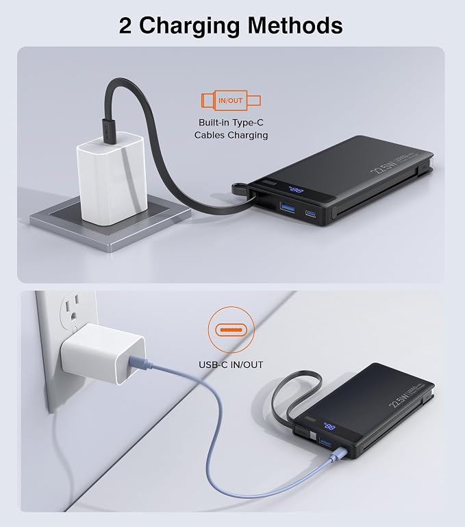 Power Bank with 2 Built-in Cables 10000mAh, 22.5W PD Slim Portable Charger USB C Battery Pack, Travel Essentials Fast Charging Powerbank Compatible with iPhone 17 16 15 Plus Pro Samsung iPad (1 Pack)