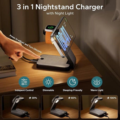 3 in 1 Foldable Wireless Charging Station for MagSafe, Nightstand Magnetic Charger Stand for iPhone 17 16 15 14 Pro Max, Travel Charging Dock with Night Light for Apple Watch/AirPods (Black)