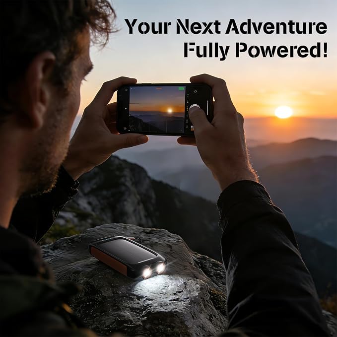Solar Power Bank 20000mAh, Orange Portable Charger with USB-C USB-A Outputs, Emergency Backup Battery Pack, LED Flashlight, for iPhone Samsung Android – Solar for Emergency Only, Perfect for Camping