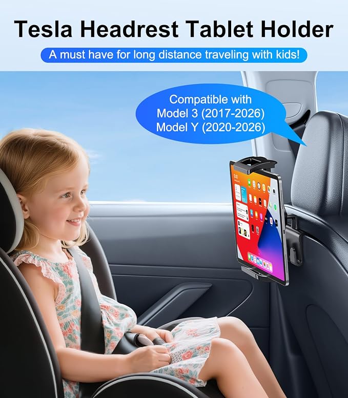 Tesla iPad Tablet Mount Headrest Accessories for Model Y(Juniper) Model 3(Highland) 2025 2024 2023 2022 2021, Back Seat Tablet Holder with Hooks for Kids, Fits 4.7-12.9" iPad Pro Air Mini