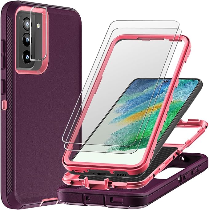 for Samsung Galaxy S21 FE Case with 2Pcs Screen Protector and 1Pcs Camera Lens Protector, Military Grade Heavy Duty Shockproof/Drop Proof/Dust Proof Case (Wine Red/Rose Pink)