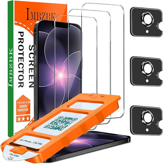 IMBZBK [Auto-Dust Removal] 3 Pack Screen Protector for iPhone 17e / iPhone 16e Accessories, Case Friendly Film, Military Grade Shatterproof Tempered Glass 3 Camera Lens Protector, Easy Installation