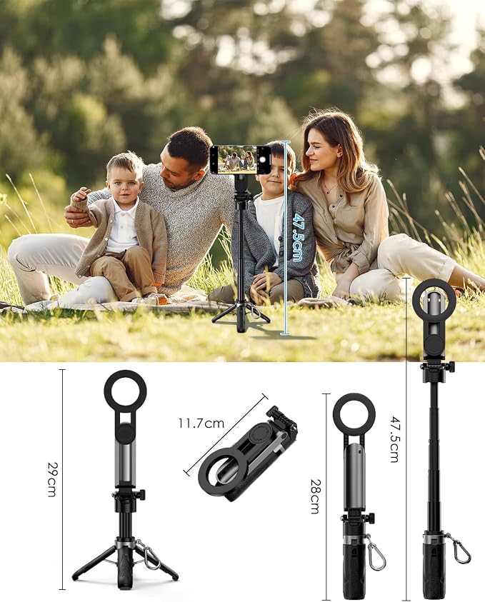 CloudValley Magnetic 4-in-1 Multifunctional Selfie Stick Tripod, Mini Portable Pocket Phone Stand with Detachable Remote, Compatible with MagSafe, for iPhone/Android, Travel Vlog, Live Stream, Black