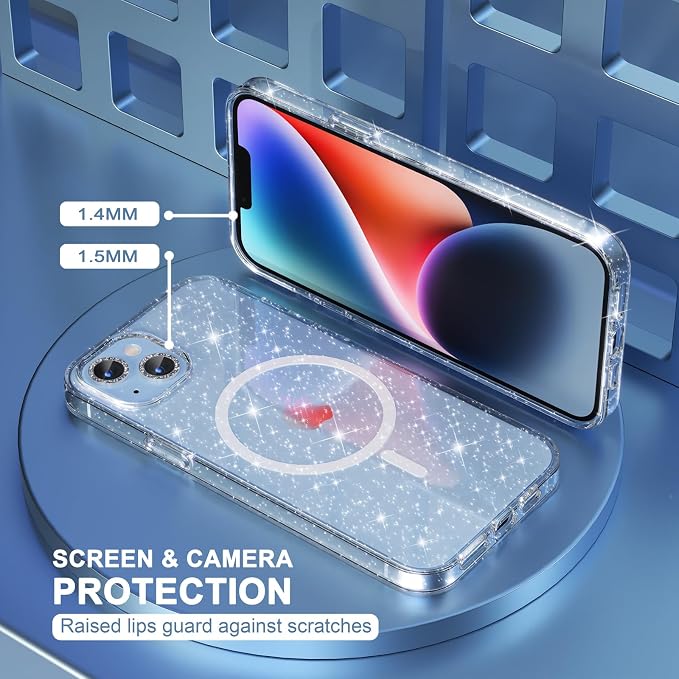 Choiche Magnetic Case for iPhone 14 Plus Case, Women Clear Glitter Bling Sparkly Case, [2xDiamond Camera Lens Protectors] [2xTempered Glass Screen Protectors] [Compatible MagSafe] (Glitter Clear)