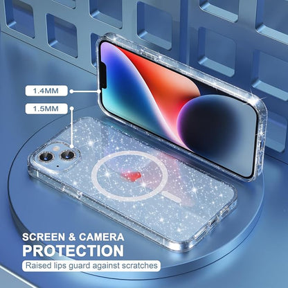 Choiche Magnetic Case for iPhone 14 Plus Case, Women Clear Glitter Bling Sparkly Case, [2xDiamond Camera Lens Protectors] [2xTempered Glass Screen Protectors] [Compatible MagSafe] (Glitter Clear)