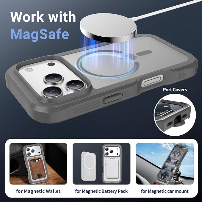 jaroco Magnetic for iPhone 17 Pro Case, [Compatible with MagSafe][Military Grade Drop Protection][Heavy Duty Protection][Non-Slip][Shockproof] 2-Layer Durable Bumper Phone Casee 6.3''-Gray