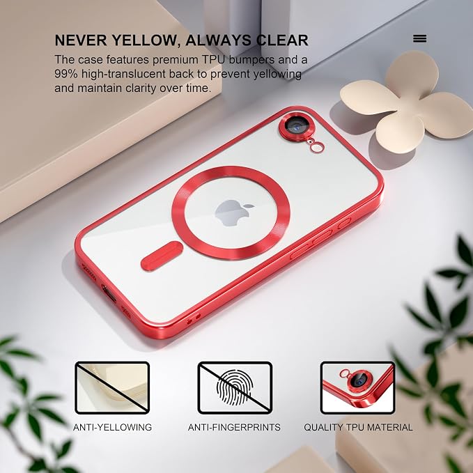 Misea Magnetic for iPhone 17e / 16e Case Compatible with MagSafe [Never Yellowing] [Military Grade Drop Protection] Full Camera Lens Protector Plating Soft Clear Phone Case for Women 6.1 inch, Red