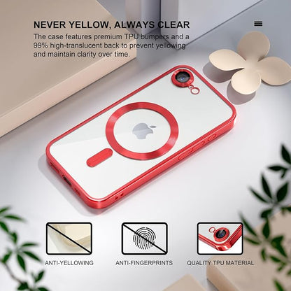Misea Magnetic for iPhone 17e / 16e Case Compatible with MagSafe [Never Yellowing] [Military Grade Drop Protection] Full Camera Lens Protector Plating Soft Clear Phone Case for Women 6.1 inch, Red