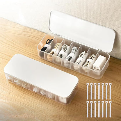 PAVSTINE 2 Pcs Cable Organizer Storage Box with Lid, 14 Wire Ties, White | Adjustable Dividers, Holds Power Cords & Charger, Dust-Proof, Desktop Accessories & Stationery Storage for Home & Office
