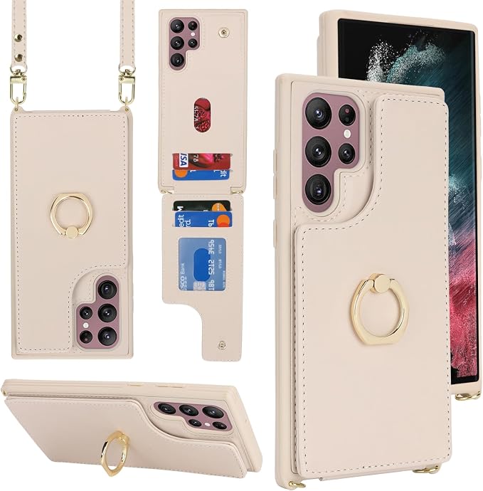 Lipvina for Samsung Galaxy S22 Ultra Case with Card Holder and Strap for Women,Crossbody Lanyard,RFID Blocking,Stand Ring Kickstand,Snap Clasp,Phone Wallet Cases 6.8 inch(Beige)