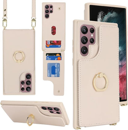 Lipvina for Samsung Galaxy S22 Ultra Case with Card Holder and Strap for Women,Crossbody Lanyard,RFID Blocking,Stand Ring Kickstand,Snap Clasp,Phone Wallet Cases 6.8 inch(Beige)