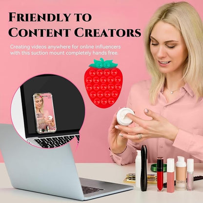 Silicone Phone Grip, 23 Suction Cups, Suitable for Selfies and Videos on Mirrors, bathrooms and Smooth Surfaces, Compatible with iPhone, Samsung, etc. (Strawberry Shaped, Pink)
