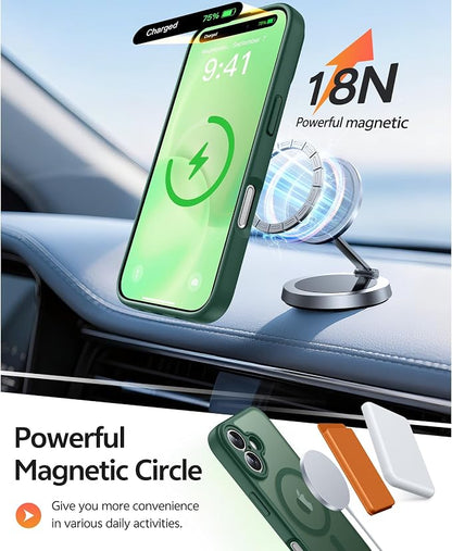 FNTCASE for iPhone 16 Case: [Compatible with Magsafe] Translucent Matte Cases with [Full Camera Protection] [Screen Protector] Military Grade Shockproof Protective Phone Cover - Green