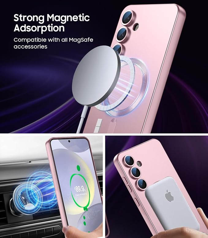Magnetic for Samsung Galaxy S24 Case [Compatible with MagSafe][Built-in Camera Lens Protector] Slim Soft Silicone Bumper Shockproof Metallic Luster Phone Case (Rose Gold)