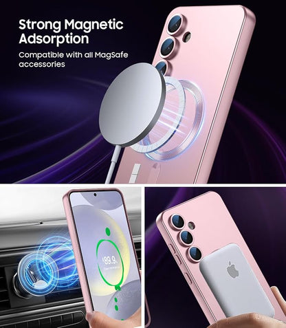 Magnetic for Samsung Galaxy S24 Case [Compatible with MagSafe][Built-in Camera Lens Protector] Slim Soft Silicone Bumper Shockproof Metallic Luster Phone Case (Rose Gold)