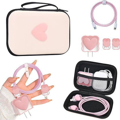 CameCosy DIY Phone Charger Case Storage Sets Earphone Wire Saver Cable Protector with Travel Storage Bag, Soft Cute Cable Charger Protector Cord Organizer for iPhone (Pink Love Heart)