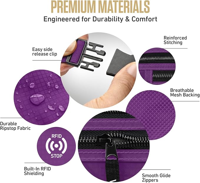 VENTURE 4TH Money Belt for Travel – Hidden Under-Clothes RFID Blocking Passport Holder & Slim Travel Wallet Pouch for Men & Women to Protect Cash, Cards & Documents (Purple)