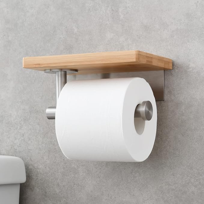 Tecmolog Wall Mount Tissue Paper Holder Self Adhesive Stainless Steel Toilet Paper Roll Holder with Phone Shelf for Bathroom, Brushed Nickel, SBH263NA