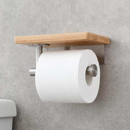 Tecmolog Wall Mount Tissue Paper Holder Self Adhesive Stainless Steel Toilet Paper Roll Holder with Phone Shelf for Bathroom, Brushed Nickel, SBH263NA