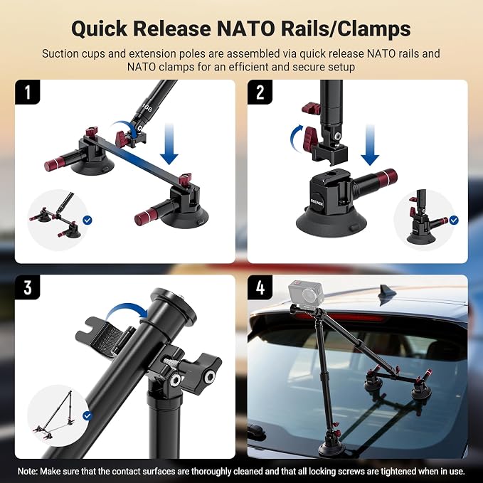 NEEWER Triple Suction Cup Car Mount Kit, Two 24" Aluminum Alloy Extension Poles, NATO Rail, Action Camera Adapter Compatible with GoPro DJI Insta 360, Max Load 2.2 lb, CA166