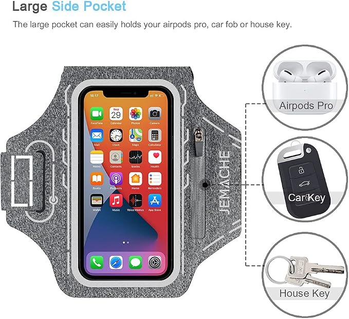 Armband for iPhone 17 16 15 14 13 12 Pro with Airpods Holder, Gym Workouts Running Arm Band (Grey)