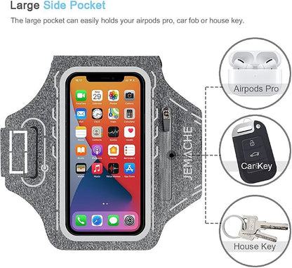 Armband for iPhone 17 16 15 14 13 12 Pro with Airpods Holder, Gym Workouts Running Arm Band (Grey)