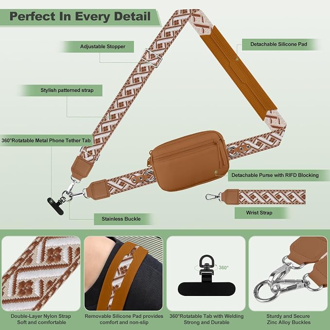 YFWE Clip and Go Strap for Phone with Wallet Crossbody, Adjustable Phone Lanyard with Detachable RFID Wristlet Wallet, Pattern Strap, Bronze(M)