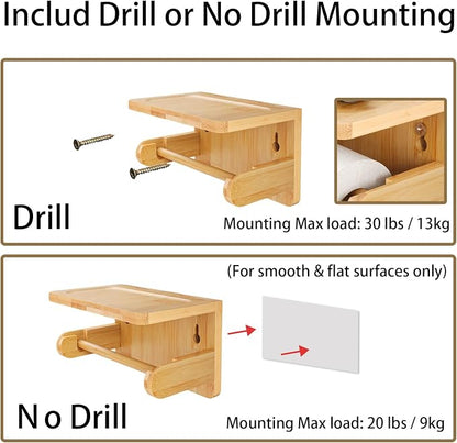 Drill-Free Toilet Paper Holder with Phone Shelf Bamboo Wall-Mounted, No-Drill & Drillable, Bathroom Storage Organizer, Space Saver Tissue Roll Rack for Bathroom, Kitchen, Home Decor (Natural)