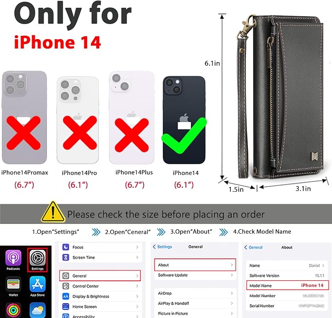 Wallet Case for iPhone 14 with Card Holder/Crossbody Wallet/Strap| RFID Blocking | Magnetic | Kickstand | Detachable | PU Leather Phone Case for iPhone 14,6.1 in,Black