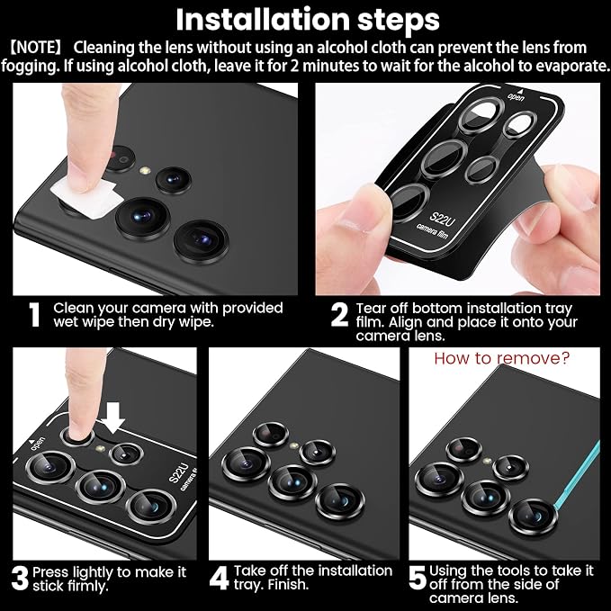 Tensea [3+2PCS for Samsung Galaxy S22 Ultra Camera Lens Protector, 9H Tempered Glass Camera Cover Screen Protector Metal Individual Ring for S22 Ultra 5G 2022 [Installation Tray][Removal tool]- Black