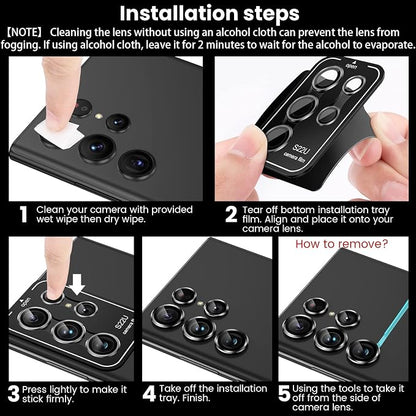 Tensea [3+2PCS for Samsung Galaxy S22 Ultra Camera Lens Protector, 9H Tempered Glass Camera Cover Screen Protector Metal Individual Ring for S22 Ultra 5G 2022 [Installation Tray][Removal tool]- Black