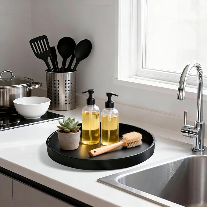 2 Pack 10" Bathroom and Vanity Tray, ABS Bathroom Counter Organizer, Coffee Table Decor for Perfume, Candles, Keys &More. Kitchen Countertop Organizer, Decorative Tray Soap Holder, Black
