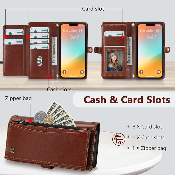 Wallet Case for iPhone 13 Pro with Card Holder/Crossbody Wallet/Strap| RFID Blocking | Magnetic | Kickstand | Detachable | PU Leather Phone Case for iPhone 13 Pro,6.1 in,Brown