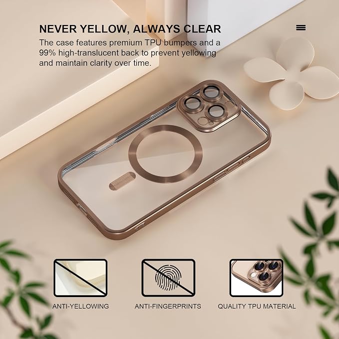 Misea Magnetic for iPhone 16 Pro Max Case Compatible with MagSafe [Never Yellowing] [Military Grade Drop Protection] Full Camera Lens Protector Plating Soft Clear Phone Case for Women, Titanium Desert