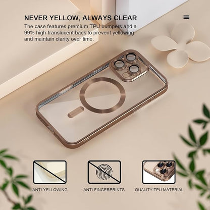 Misea Magnetic for iPhone 16 Pro Max Case Compatible with MagSafe [Never Yellowing] [Military Grade Drop Protection] Full Camera Lens Protector Plating Soft Clear Phone Case for Women, Titanium Desert