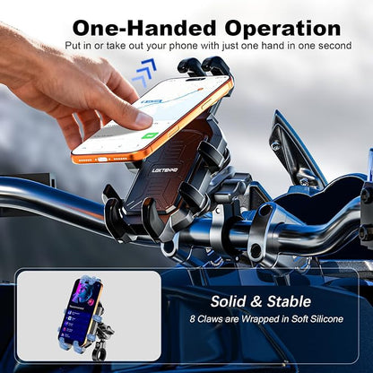 LOKTENWO Anti-Theft Motorcycle Phone Mount with Vibration Dampener [Metal Adjustment Arm] Aluminum Alloy Mounting Base, Anti-Shake Motorcycle Cellphone Holder for ATV Scooter for 5.4"-6.9" Phones