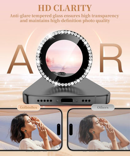 GolbinBox Camera Lens Protector for iPhone 15 Pro/15 Pro Max, 1:1 Invisible Fit, 9H Tempered Glass Ultra HD Metal Individual Camera Cover for Women, Case Friendly, Bling/Black