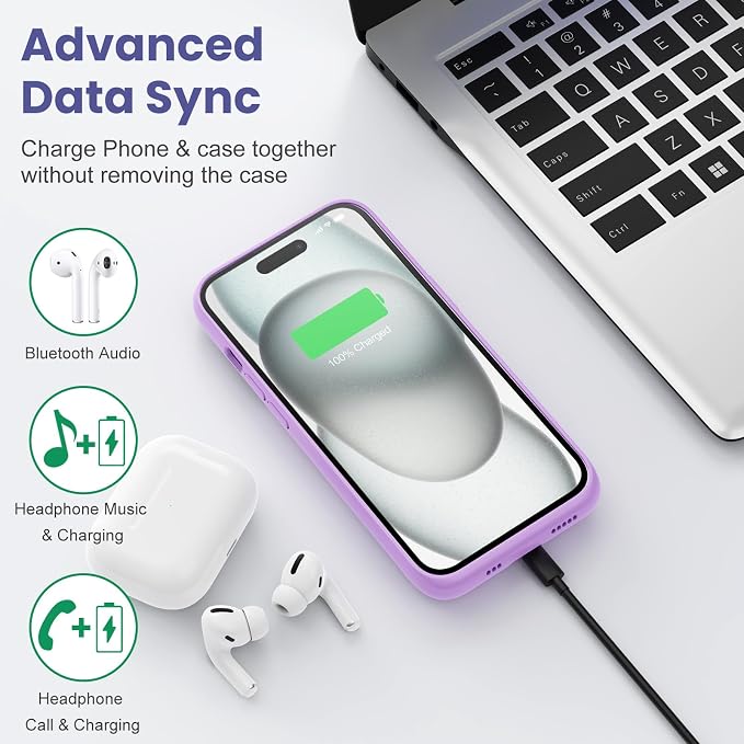 Feob Battery Case for iPhone 15Pro (6.1Inch), Real 7500mAh Ultra Slim Portable & 15W Fast Charging, Rechargeable Protective Extended Charger Case Cover Only for iPhone 15Pro Charging Case-Purple