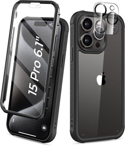 Compatible with iPhone 15 Pro Case, Built-in Screen Protector, with Camera Lens Protector, Anti-Yellowing Full Body Phone Case, Shockproof Protective Cover for 15Pro 6.1" (Black)