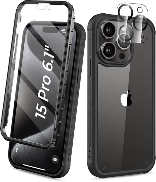 Compatible with iPhone 15 Pro Case, Built-in Screen Protector, with Camera Lens Protector, Anti-Yellowing Full Body Phone Case, Shockproof Protective Cover for 15Pro 6.1" (Black)