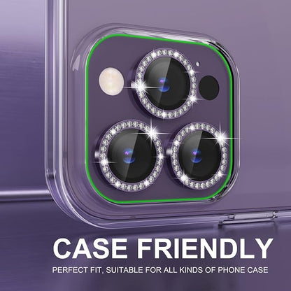 Choiche Compatible for iPhone 14 Pro/iPhone 14 Pro Max Camera Lens Protector Bling, 9H Tempered Glass Camera Cover Screen Protector Metal Ring Decoration Accessories (Diamond-Purple)