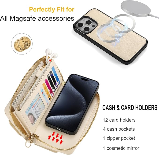 Crossbody Wallet Case for iPhone 16 Pro Max, Magnetic Detachable Floral PU Leather Phone Case with RFID Blocking Card Holder Wristlet Mirror Flip Zipper Shoulder Purse for Wome - White