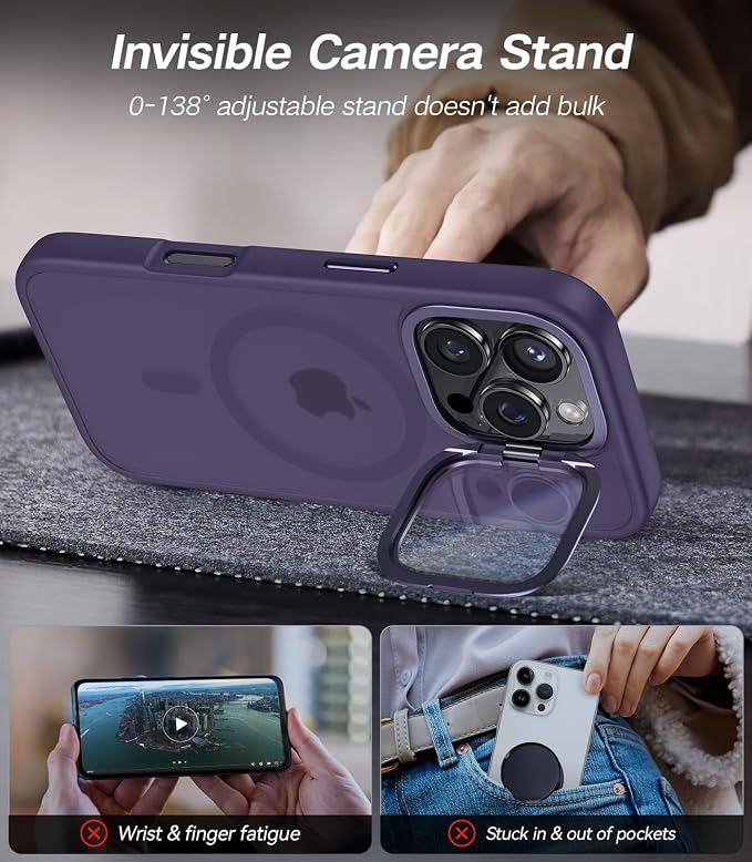 [Upgraded] for iPhone 16 Pro Case with Camera Cover Stand [Fit for MagSafe][9H Camera Lens Protector] Mil-Grade Protection Translucent Matte Magnetic iPhone 16 Pro Phone Case, Purple